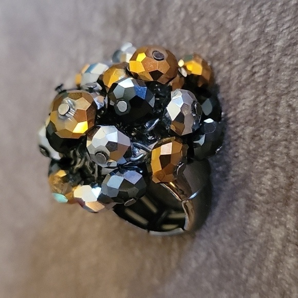 Vtg Gunmetal Aurum Beaded Bauble Chunky Stretch Statement Ring - Picture 5 of 5